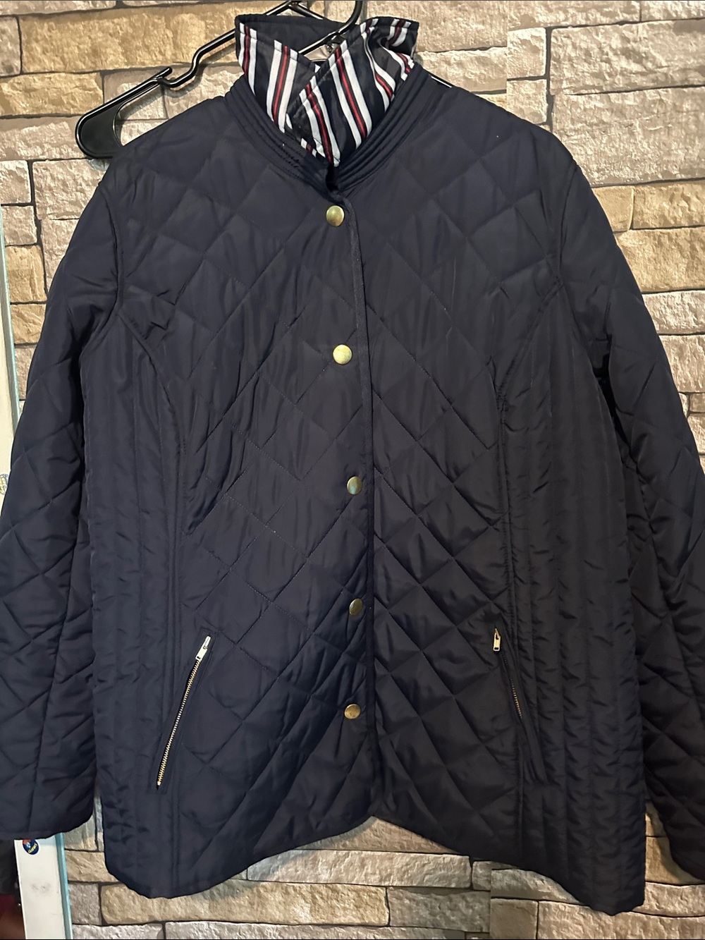 crown & ivy Quilted Navy Puffer Jacket with Gold-Tone Snaps - Picture 8 of 10